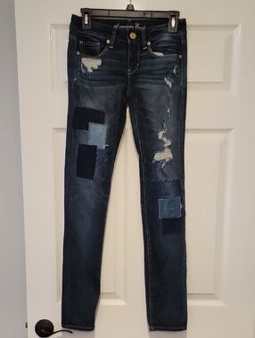 American Eagle Outfitters Dark Blue Patchwork Distressed Skinny Jeans